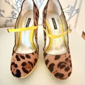 Dolce & Gabbana Calf Hair Leopard Print Heels with Yellow accents